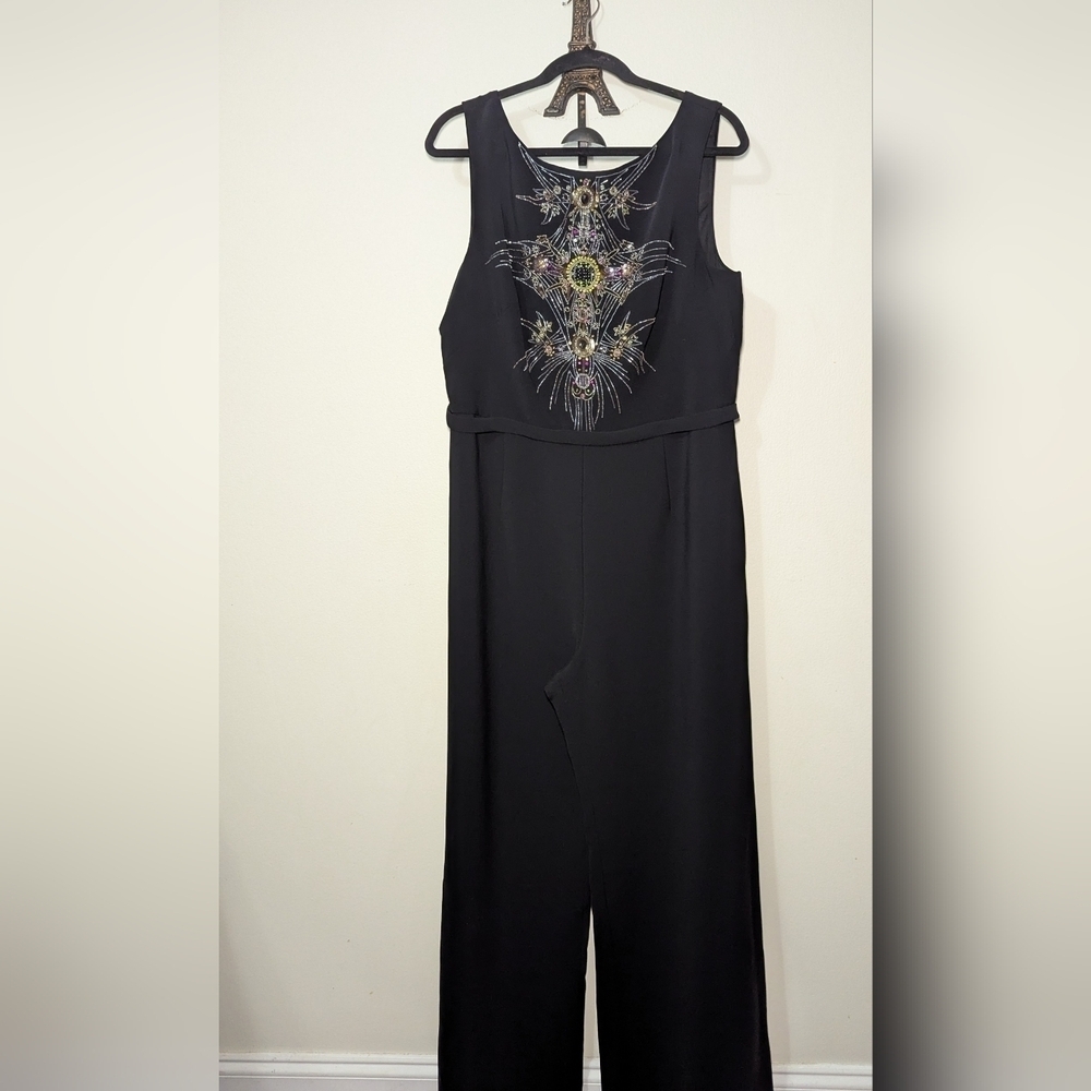 Theia High-waisted Black Jumpsuit with Embellished Sequin Design Women's Size 16